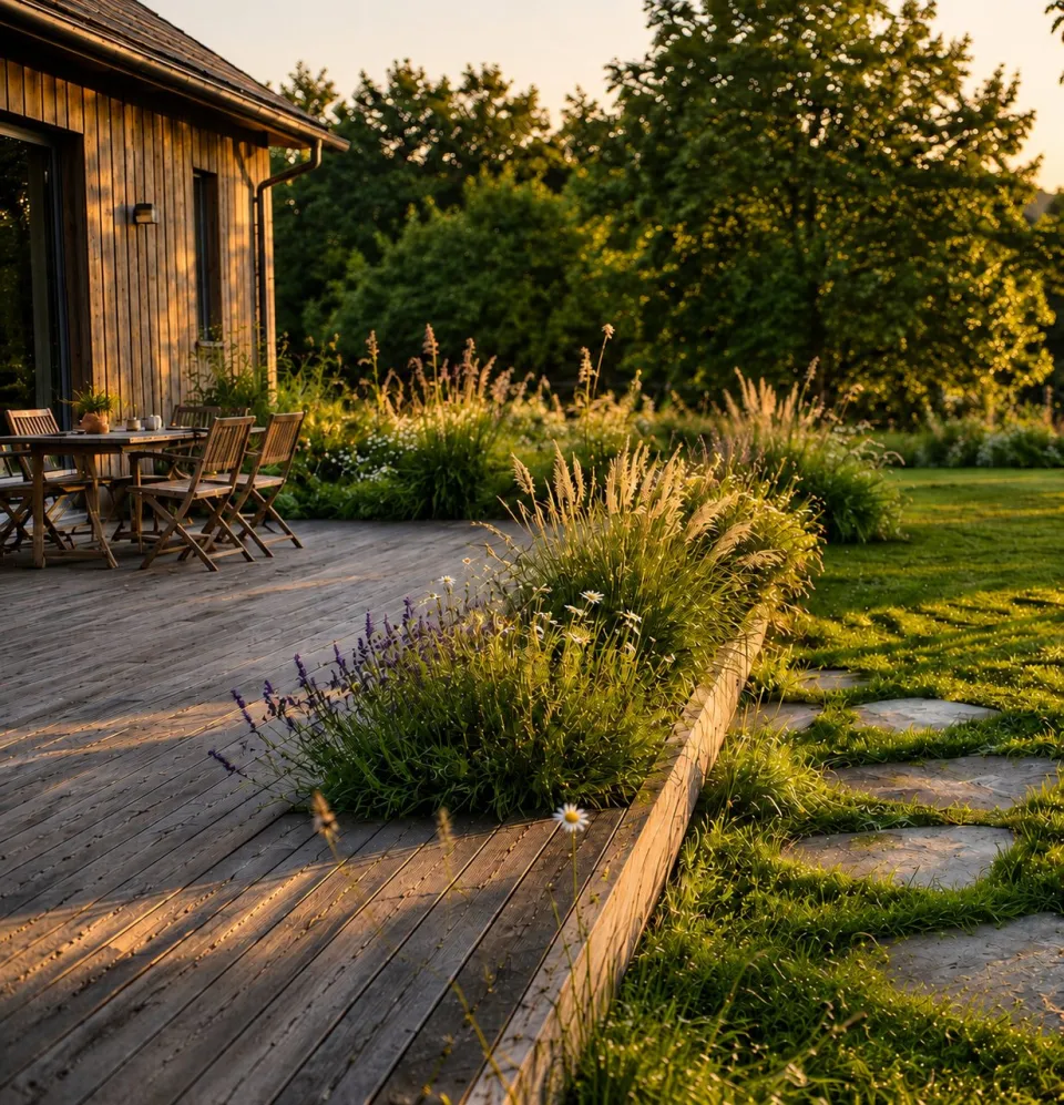 Visualisierung: Holzterrasse mit Gräsern, Lavendel und Trittsteinen auf dem Naturgrundstück
