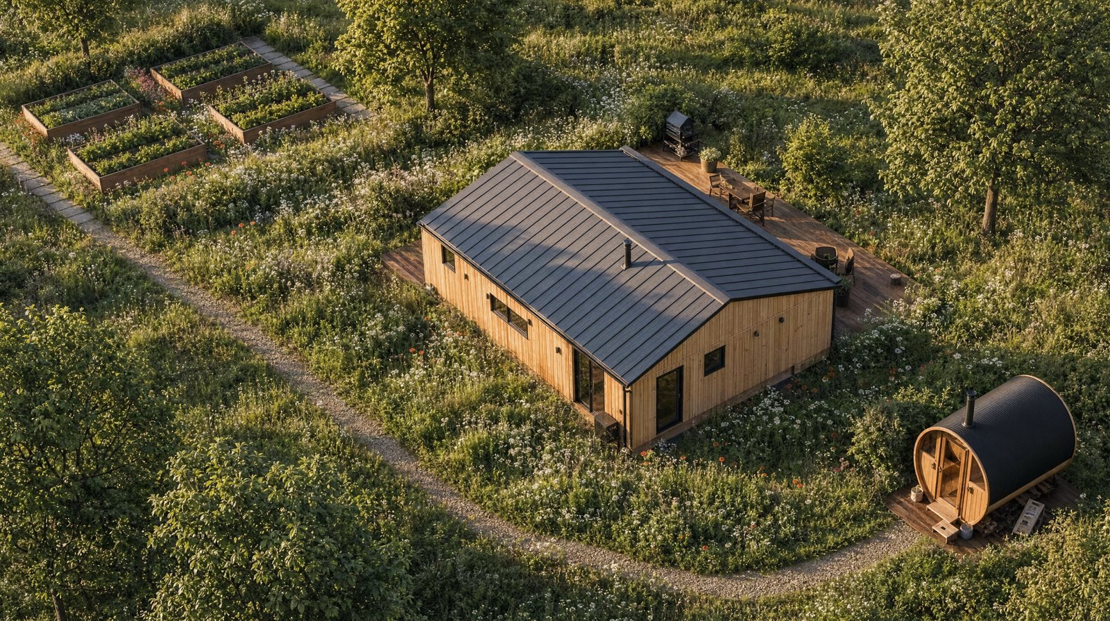 Visualisering av Dansk Cottage ovenfra: trehus med terrasse, hage, høybed og tønnebadstue