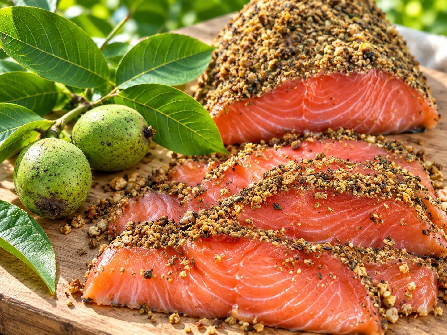 Graved Lachs Ærø con nueces tostadas, junto a nueces verdes y hojas de nogal
