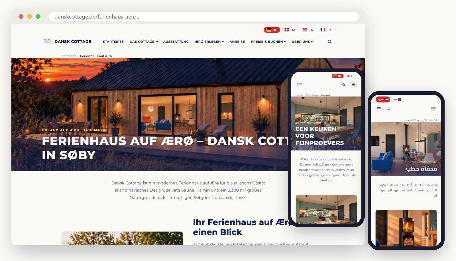 Die Dansk-Cottage-Websites auf Laptop und Smartphone: Deutsch, Niederländisch und Arabisch